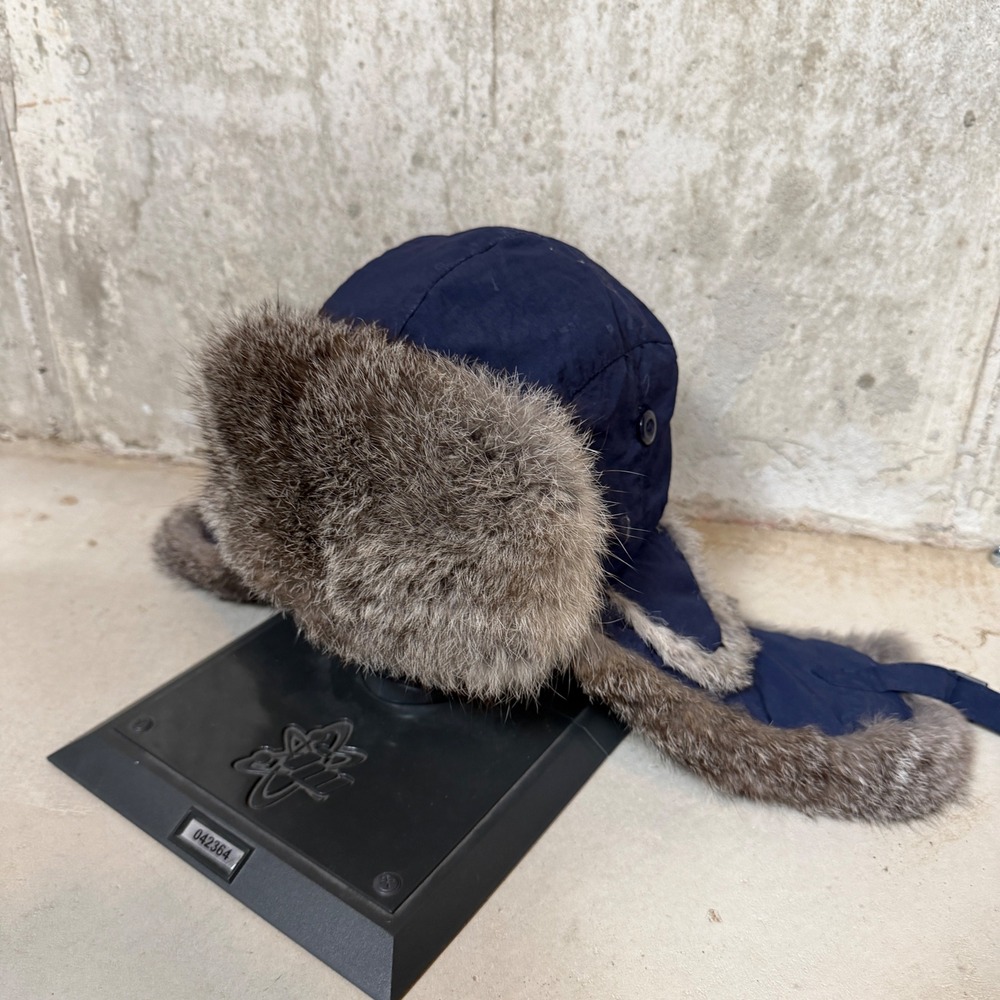 Norko Navy Blue Rabbit Fur Trim Trapper Hat Aviator Bomber Winter Cap Mens M